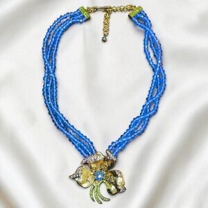 AFR.K Blue Glass Crystal Multistrand Orchid Flower Statement Necklace Rhinestone